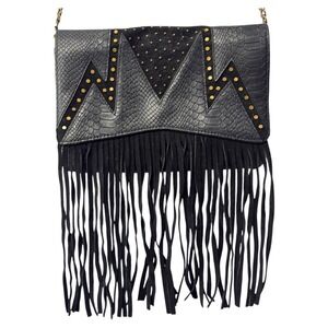 Topshop Black Fringe Crossbody Bag Studded Snakeskin Festival Purse